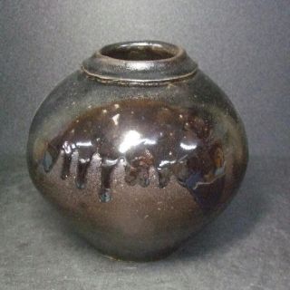 F674: Japanese Pottery Flower Vase With Very Good Glaze Called Tenmoku photo