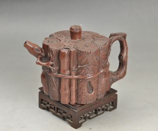 Antique 19th Century Chinese Yixing Teapot Embossed Bamboo photo