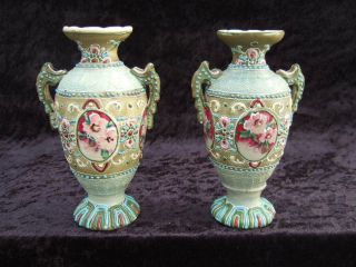 Pair Of Antique Moriage Style Vases 15 Cms Tall. photo