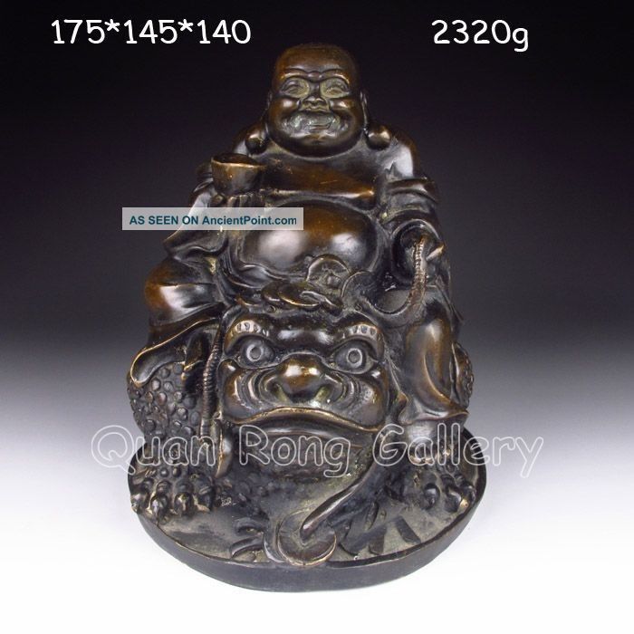 Chinese Bronze Statue - Laughing Buddha & Toad Nr Buddha photo
