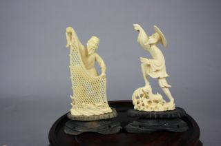 Two Of Chinese Carved Ox Bone Fishermen Figures photo