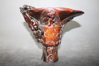 Rare Unique Chinese Ox Horn Dragon Cup photo
