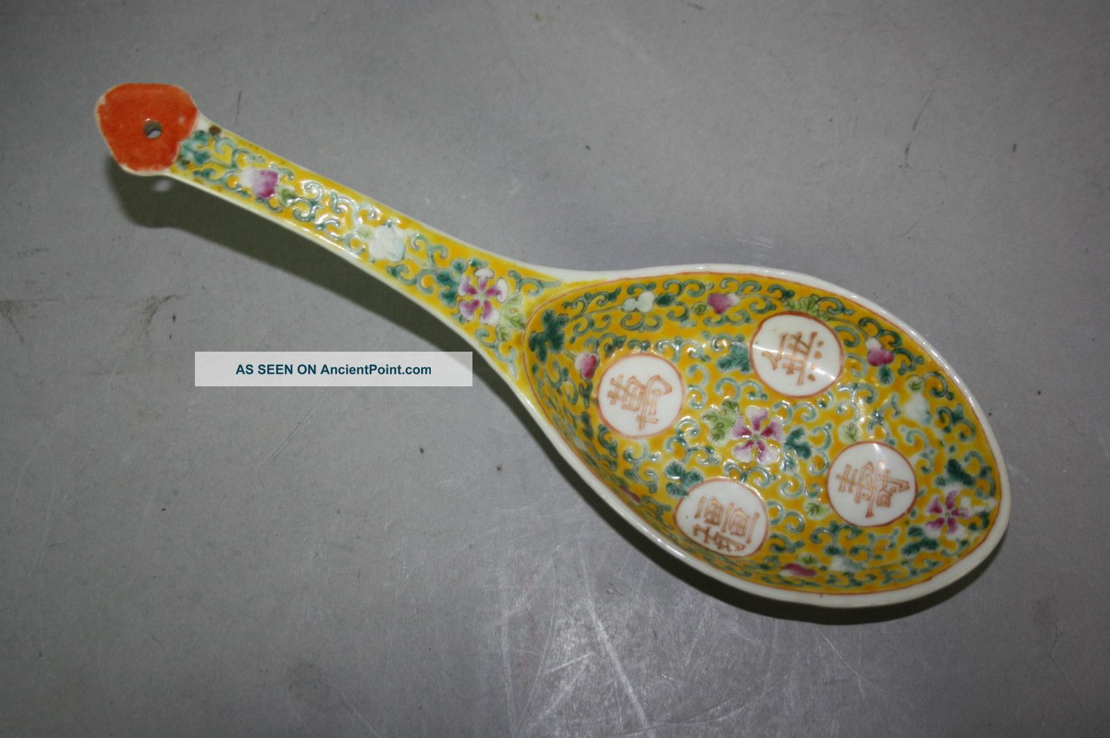 19th Century Chinese Yellow Ground Famille - Rose Soup Spoon Other photo