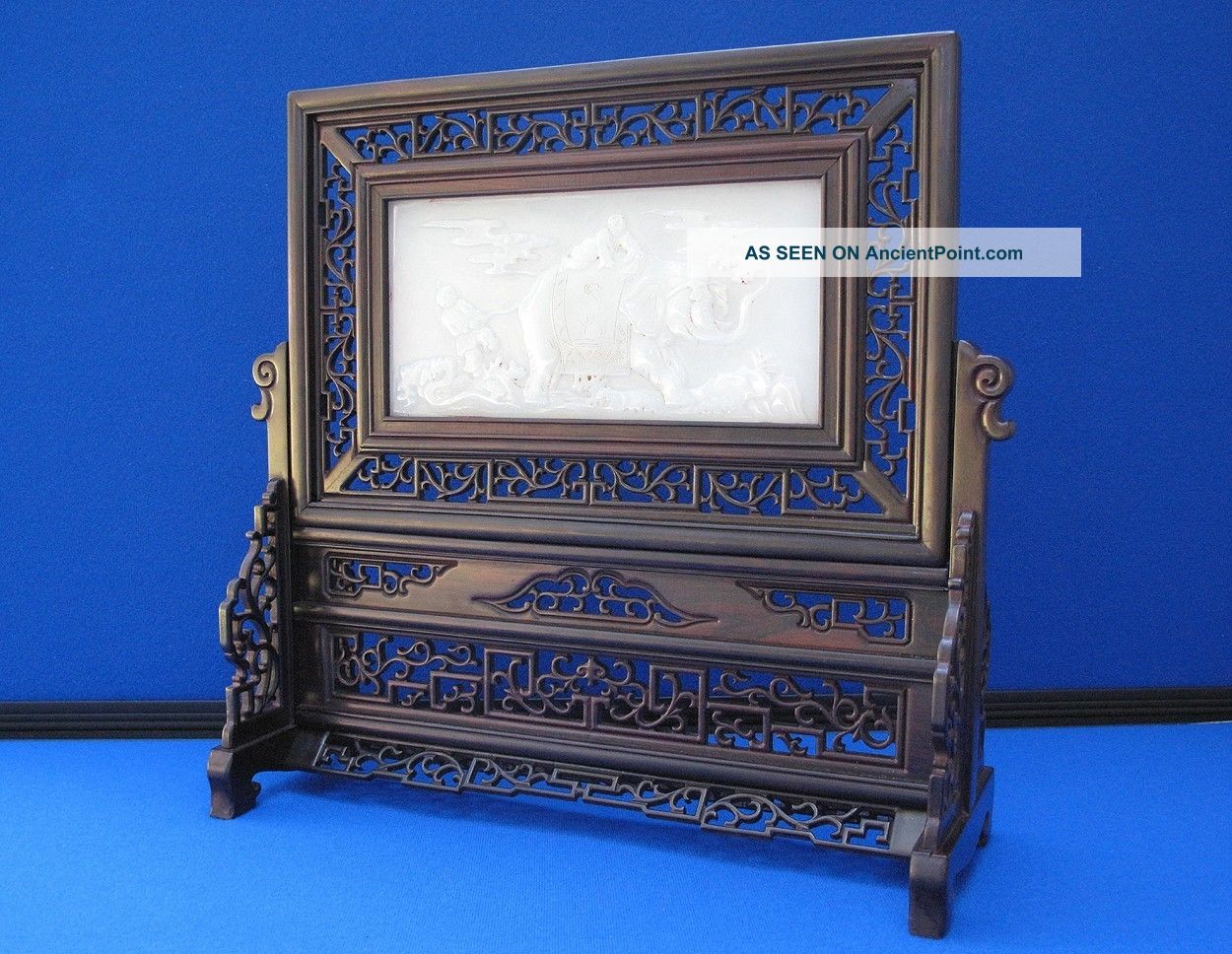 Antique Chinese Zitan Wood Table Screen White Jade Plaque Qianlong Seal & Poem Other photo