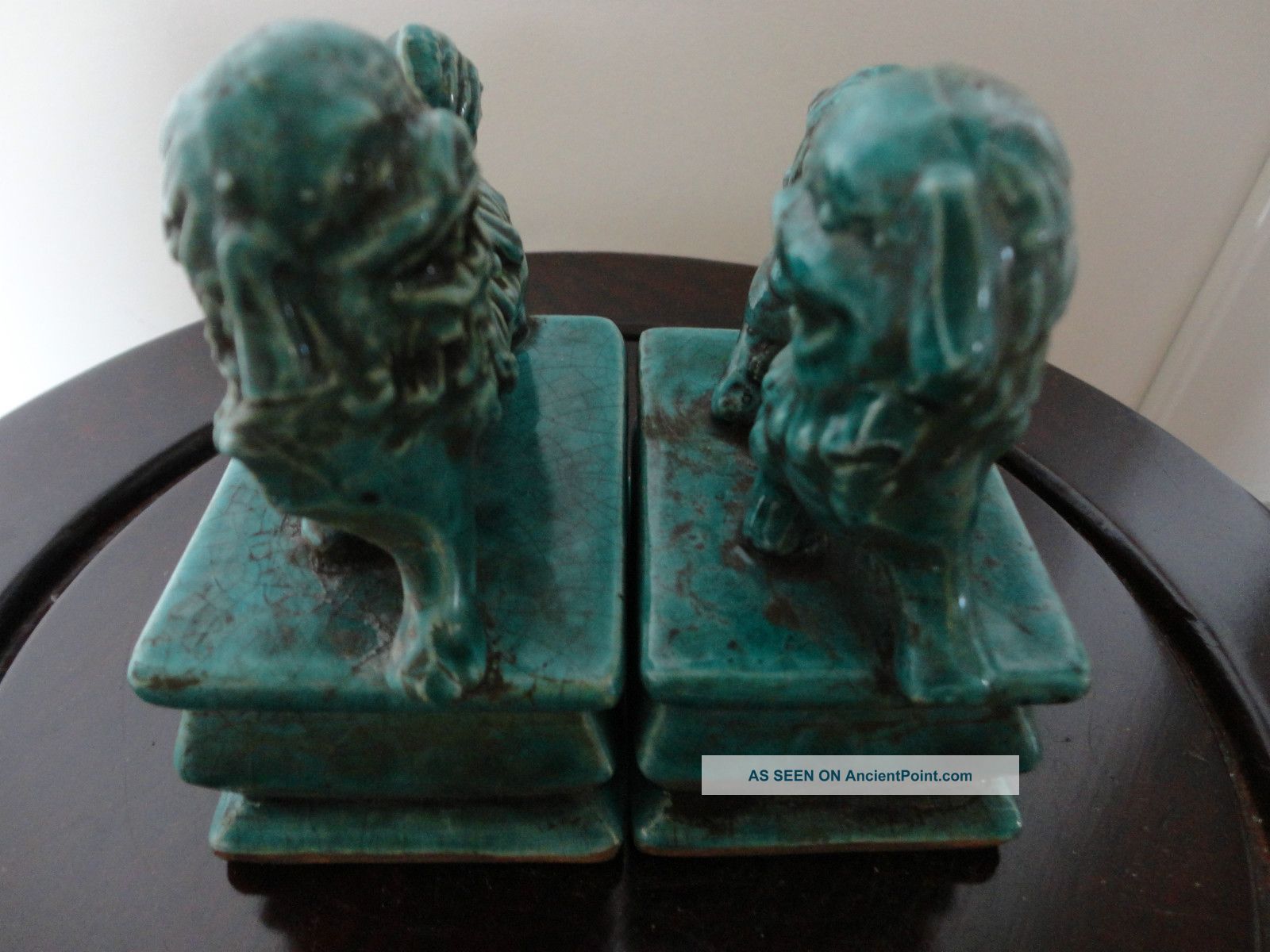 Pair Of Old Chinese Porcelain Dog Statues With Blue/green Glaze Bowls photo