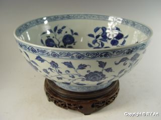 Huge Ming Style Hand - Painted Blue White Porcelain Bowl 14 