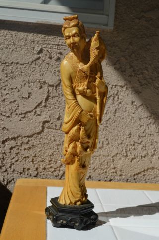 Chinese Statue Antique Ox Bone Carved Old Fisherman Figure 13 
