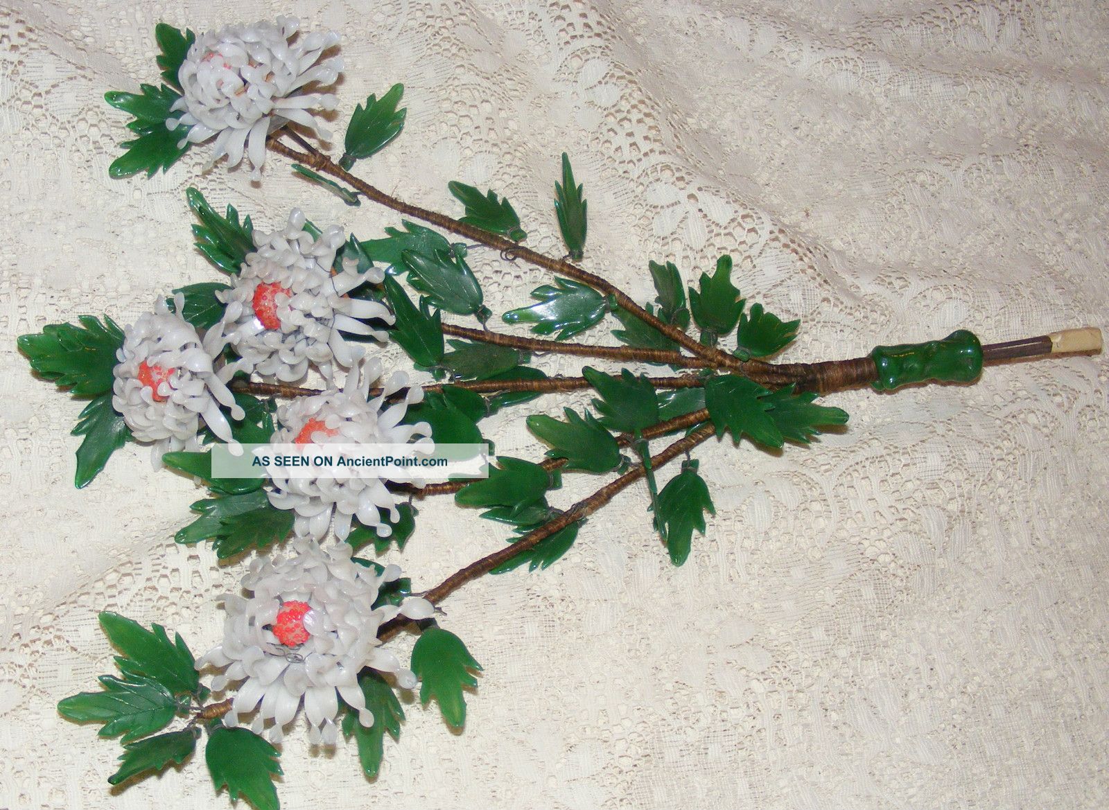 Antique Carved Hand Crafted Jade Mums Floral Table Centerpiece Spray Spider Mums Other photo