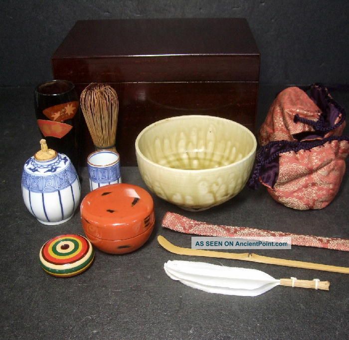 F823: Necessaries Japanese Full Set Of Tea Things With Chabako,  Shifuku. Boxes photo