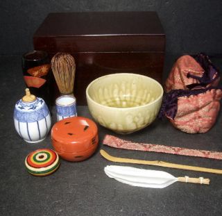 F823: Necessaries Japanese Full Set Of Tea Things With Chabako,  Shifuku. photo