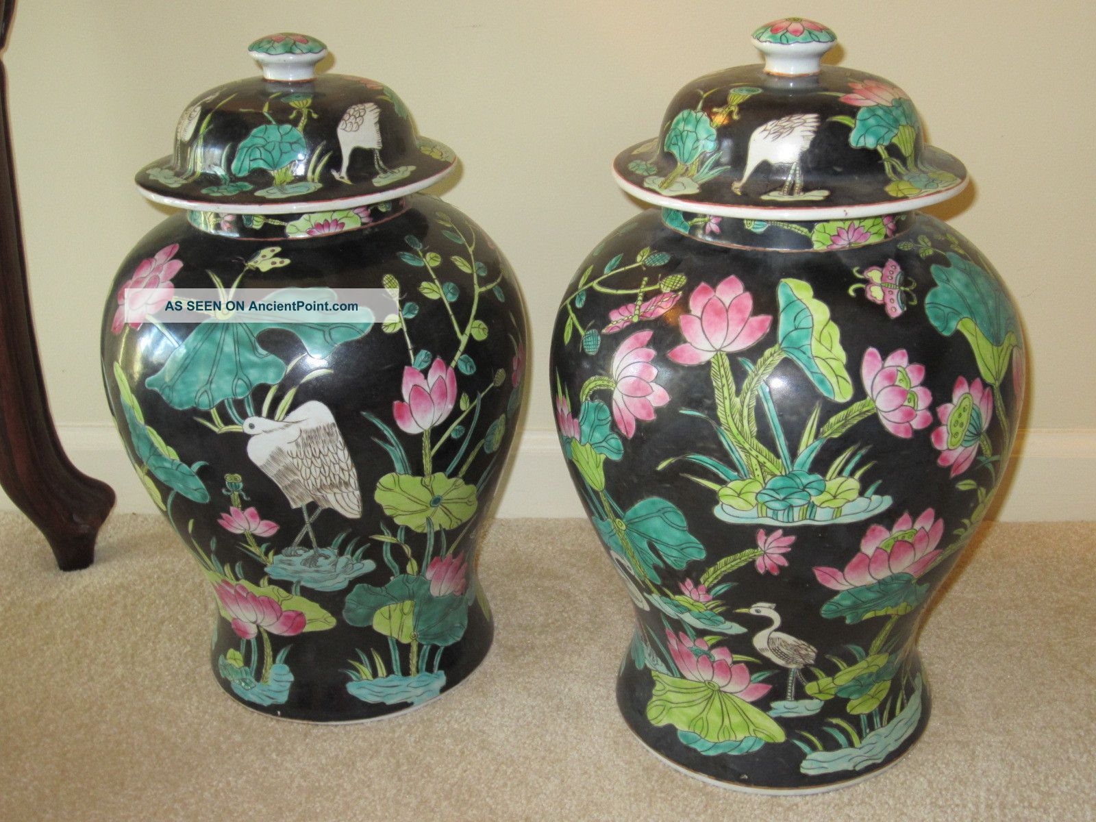 Pair Chinese Famille Noir Temple Covered Jars Vase - Cranes & Lotus Vases photo