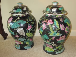 Pair Chinese Famille Noir Temple Covered Jars Vase - Cranes & Lotus photo