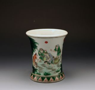 Antique Chinese Kangxi Style Famille Verte Fisherman Porcelain Brush Pot photo