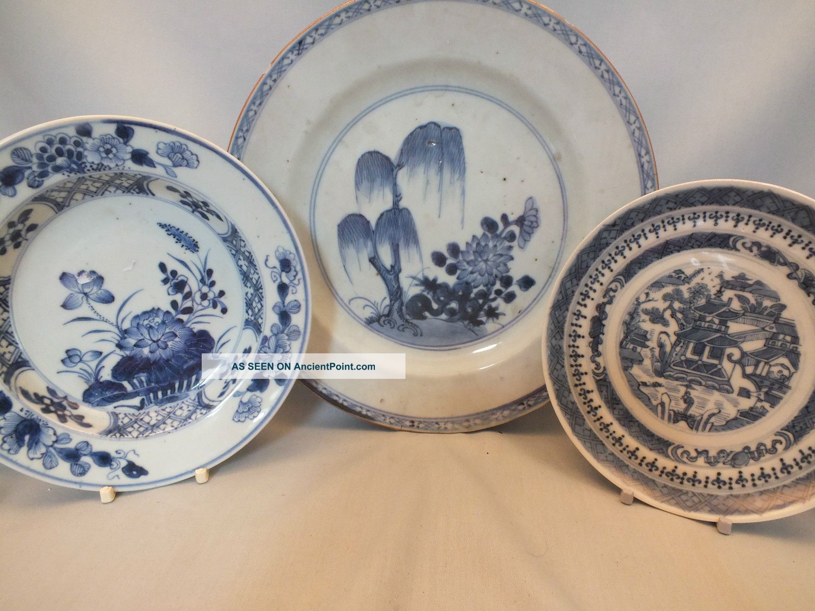 3 Chinese Porcelain Blue & White Plates 18thc Porcelain photo