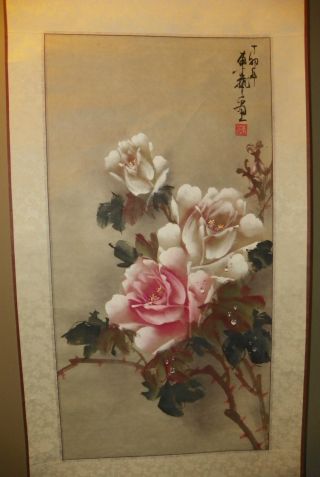 Vintage Chinese Scroll Hand Painted Flowers Signed With Box Oriental photo