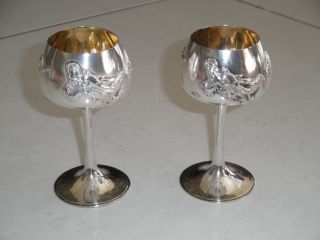 Pair Of 2 Antique Chinese Silver Dragon Cordial Goblets Rice Wine Stem Cups photo