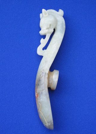 Fine Antique Chinese Qing Period Carved White Nephrite Jade Dragon Belt Hook photo