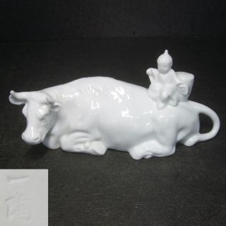 F836: Japanese Arita White Porcelain Ware Bull Statue With Child W/sign photo
