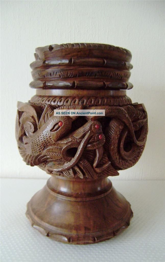 Vintage Chinese Tobbaco Jar,  Carved Large Hard Wood Dragon/snake Design Quality Woodenware photo