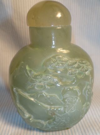 Authentic Asian Artisan Carved Green Jade Snuff Bottle Fishermen photo