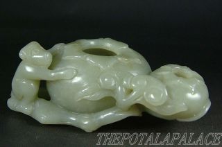 Old Chinese Celadon Nephrite Jade Brush Washer 18/19thc Monkey & Ruyi At Side photo