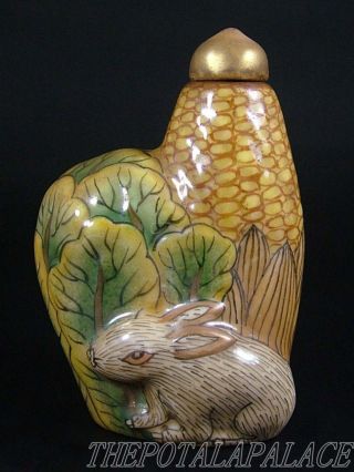 Old Chinese Porcelain Famille Rose Snuff Bottle Hare Under Corn photo