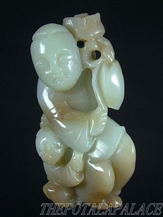 Old Chinese Nephrite Celadon Jade Toggle/pendant Fairy Boys W/ Lotus Auspicious photo