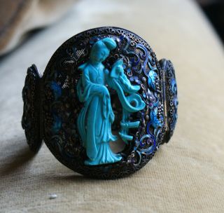 Antique Chinese Turquoise & Enameled Gilt Silver Bracelet photo
