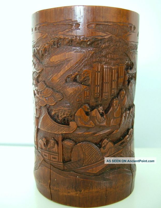 Antique Chinese Carved Bamboo Brush Pot Woodenware photo