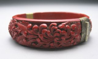 Vintage Chinese Cinnabar Carved Flowers Hinged Bracelet Bangle photo