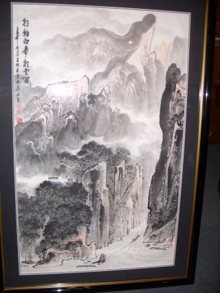 Vintage Chinese Watercolor Painting Landscape Scene Calligraphy Chop Mark Seals photo