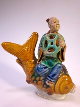 Antique Chinese Mudman On Koi Fish Figure W/wheel - Shekwan - Shiwan - Clay Mudmen photo