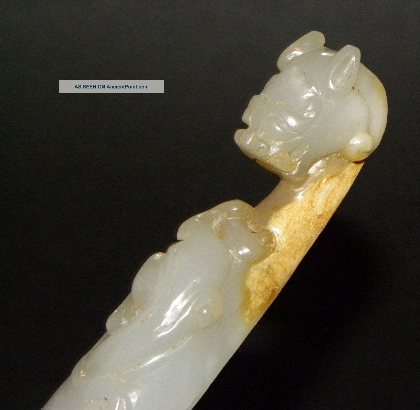 Antique Chinese Carved Celadon Russet Jade Belt Hook Buckle Dragon Figural Amulets photo