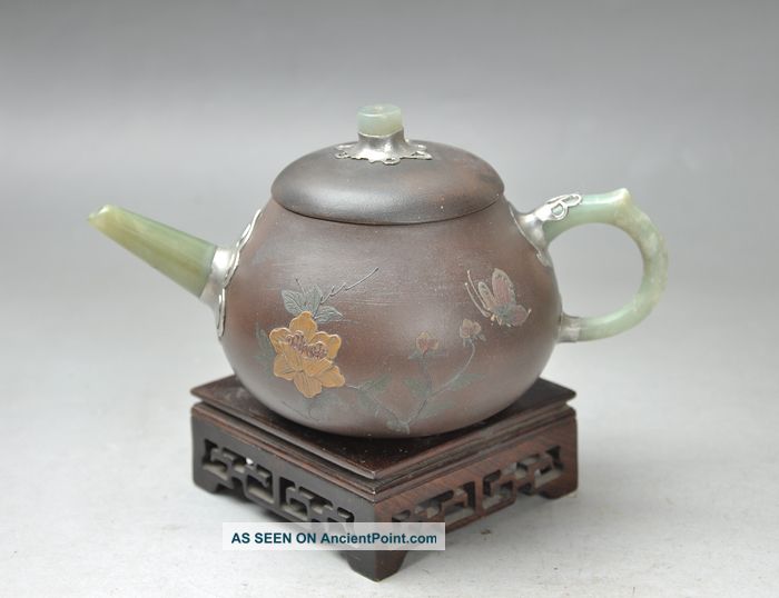 Antique 19th Century Chinese Yixing Teapot Hotan Jade Inlaid Painting Flowers Teapots photo
