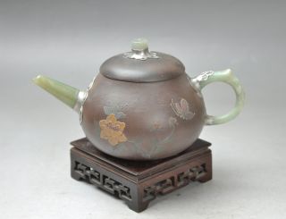 Antique 19th Century Chinese Yixing Teapot Hotan Jade Inlaid Painting Flowers photo