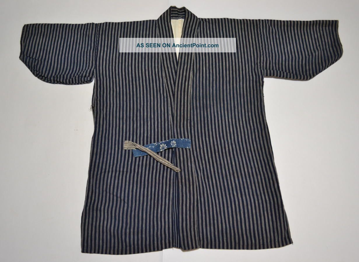 Japanese Old Antique Kasuri Stripe Indigo Noragi Jacket 102204 Kimonos & Textiles photo