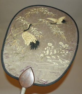 Fine Antique Chinese Silk Embroidered Fan Wood & Ox Bone Handle Birds Embroidery photo