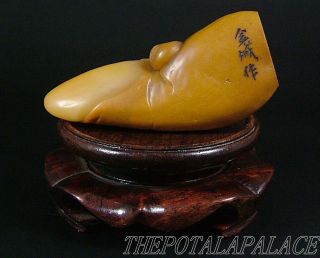 Old Chinese 19thc Shou Shan Soapstone Chop/seal W/stand photo