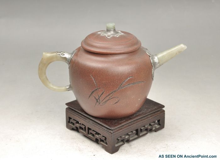Antique 19th Century Chinese Yixing Teapot Hotan Jade Inlaid Engraving Plant Teapots photo