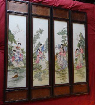Rare 19th C Antique Chinese 4 Large Famille Rose Porcelain Wall Plaque Painting photo