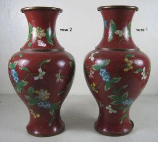 Pair Antique Chinese Export Red Cloisonne On Copper Vase 9.  25 