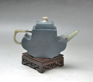 Antique 19th Century Chinese Yixing Teapot Hotan Jade Inlaid photo