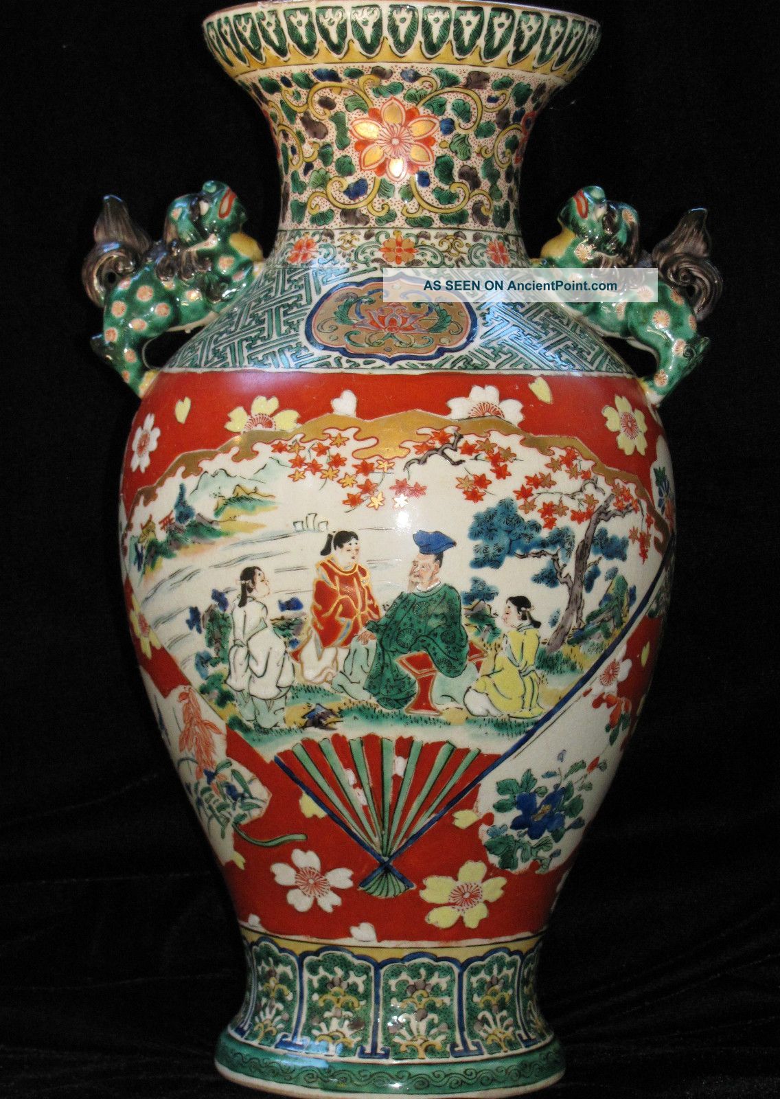 Antique Chinese Vase Urn W/characters Landscape And Figural Foo Dog Temple Lions Vases photo