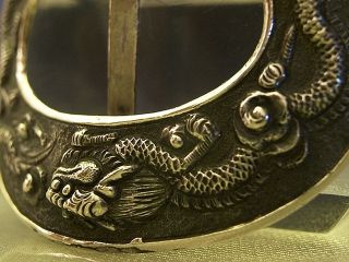 Wonderful Antique 2 Dragon Chinese Silver Buckle Belt 19th photo