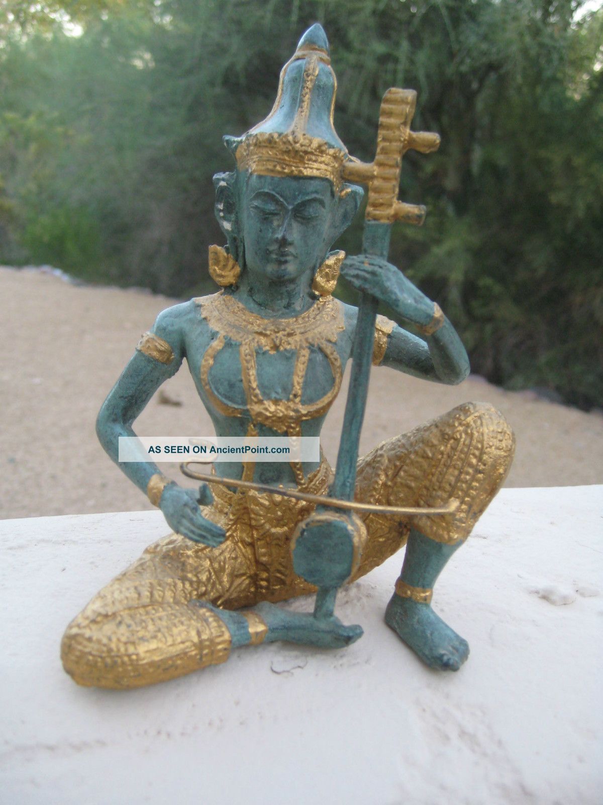 Thai Asian (male) Playing Instrument Buddha Green Cast Gilt Figurine Statue Statues photo