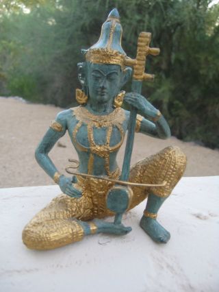 Thai Asian (male) Playing Instrument Buddha Green Cast Gilt Figurine Statue photo
