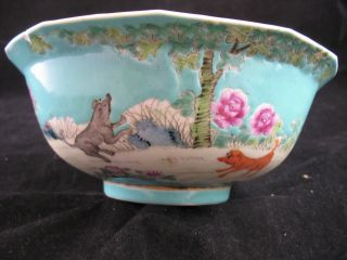 Early 1900s Chinese Porcelain Bowl Decorated With Dogs 8 1/8 