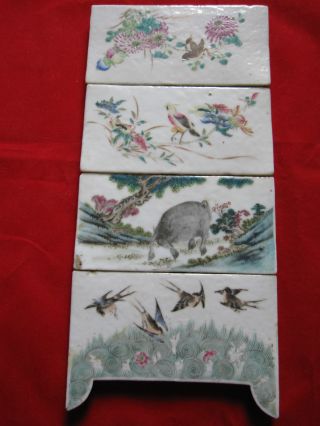 Four Antique Chinese Famille Rose Tiles Asian Oriental photo