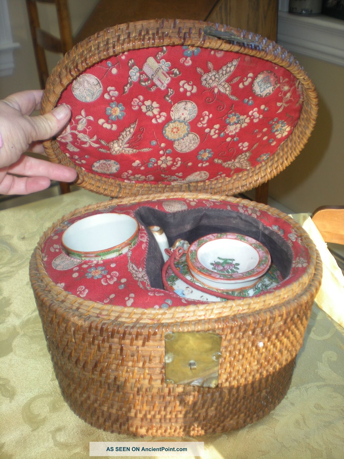 Antique Chinese Rose Medallion Teapot & Cup In A Wicker Basket Tea Caddy Set Plates photo
