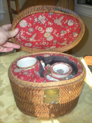 Antique Chinese Rose Medallion Teapot & Cup In A Wicker Basket Tea Caddy Set photo